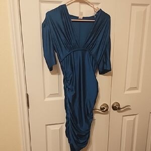 Chic Teal V-Neck Ruched Dress